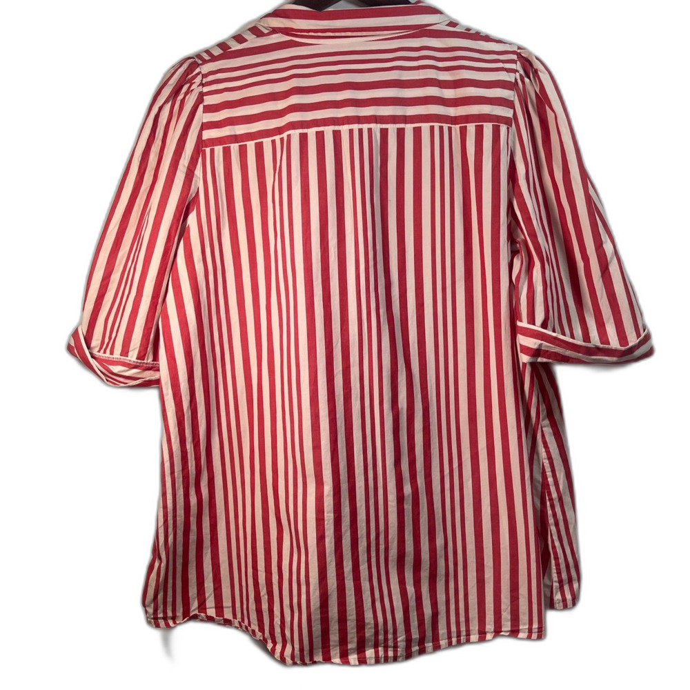WHO WHAT WEAR red white stripe collared puff sleeve hidden buttons hi-lo hem LG - Picture 8 of 11